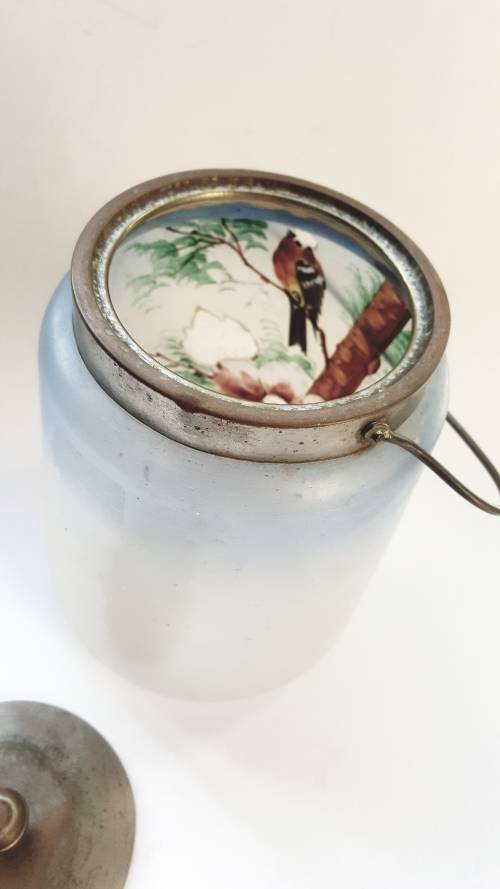 ANTIQUE GLASS BISCUIT JAR HAND PAINTED METAL LID & HANDLE