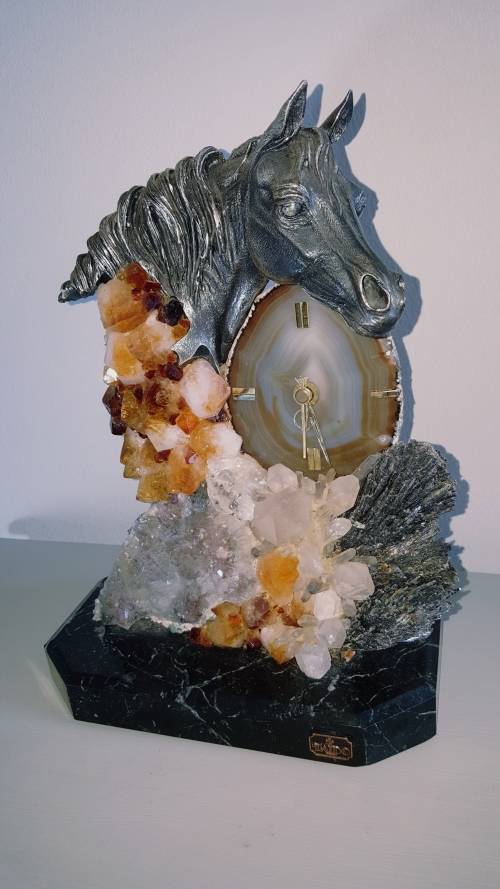 BEAUTIFUL PEWTER HORSE MARBLE AND CRYSTAL/GEMSTONE MANTEL CLOCK