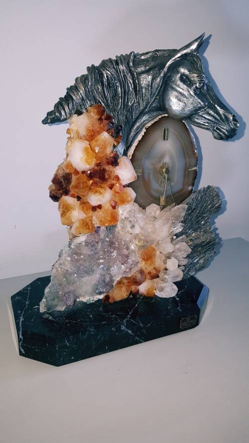 BEAUTIFUL PEWTER HORSE MARBLE AND CRYSTAL/GEMSTONE MANTEL CLOCK