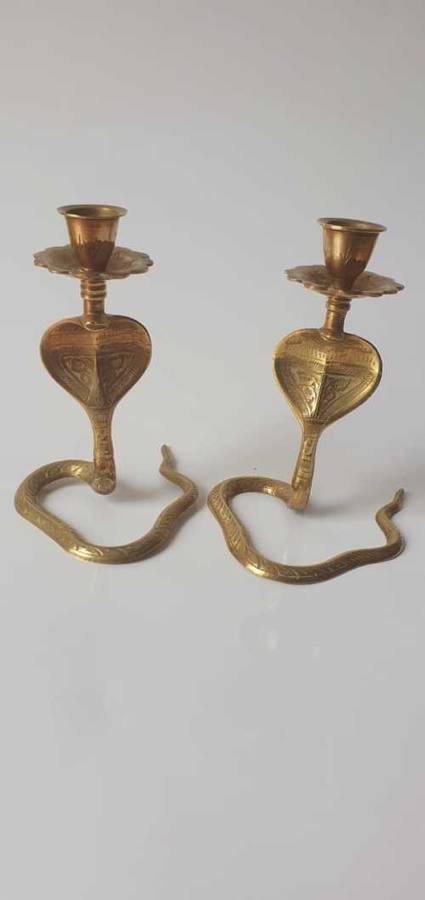 PAIR OF VINTAGE BRASS SERPENT SNAKES COBRA CANDLESTICK HOLDERS
