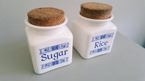 Beautiful Pair of Handpainted Taurus Porcelain Kitchen Rice and Sugar containers with Cork Lids