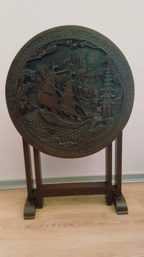 Antique Chinese handcarved wooden folding table (Chinese village/boat scene)