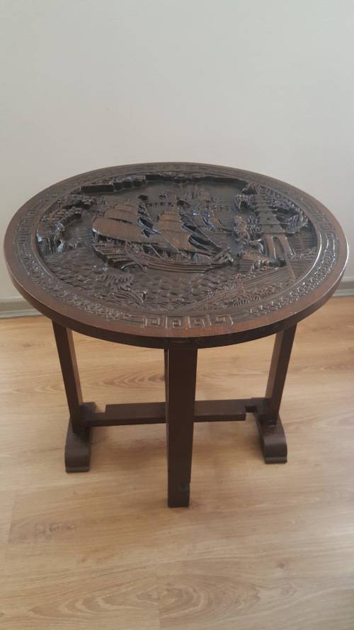 Antique Chinese handcarved wooden folding table (Chinese village/boat scene)