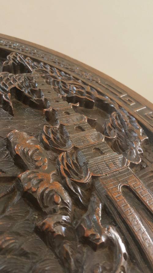 Antique Chinese handcarved wooden folding table (Chinese village/boat scene)
