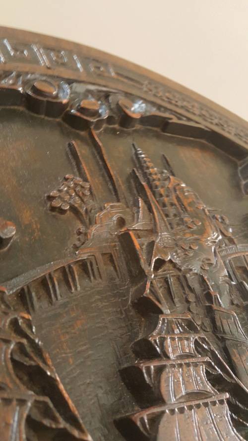 Antique Chinese handcarved wooden folding table (Chinese village/boat scene)
