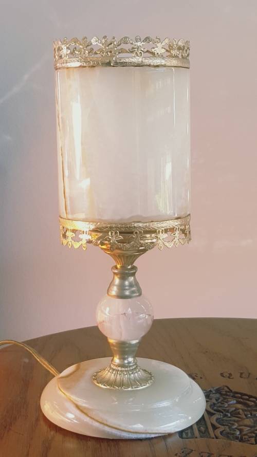 VINTAGE ONYX TABLE LAMP AND LAMPSHADE IS SOLID ONYX