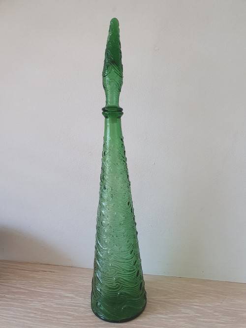 VINTAGE GREEN ITALY GENIE GLASS BOTTLE