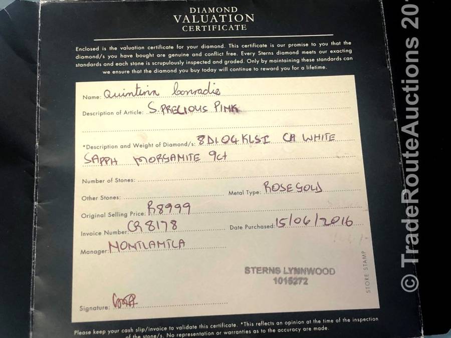 STERNS 9ct Rose Gold ring - White Sapphire & Morganite - Valuation & Invoice included