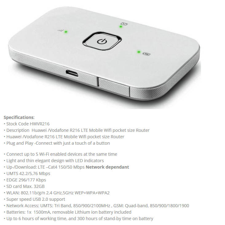 Vodafone Mobile Wi-Fi R216 4G LTE Wireless Hotspot Modem Router
