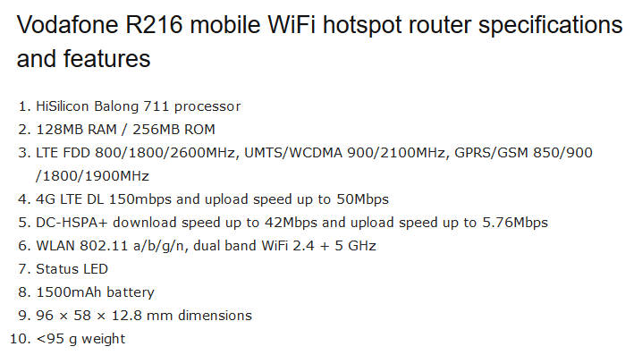 Vodafone Mobile Wi-Fi R216 4G LTE Wireless Hotspot Modem Router