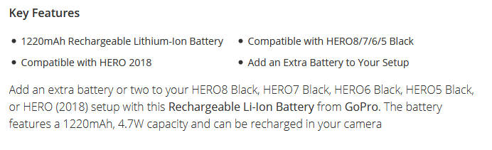 GoPro Rechargeable Li-Ion Battery for HERO8/7/6/5 Black and HERO 2018