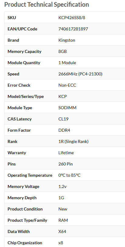 Laptop RAM - Kingston 8GB DDR4 RAM 2666Mhz SO-DIMM 260-pin Notebook Memory KCP426SS8/8
