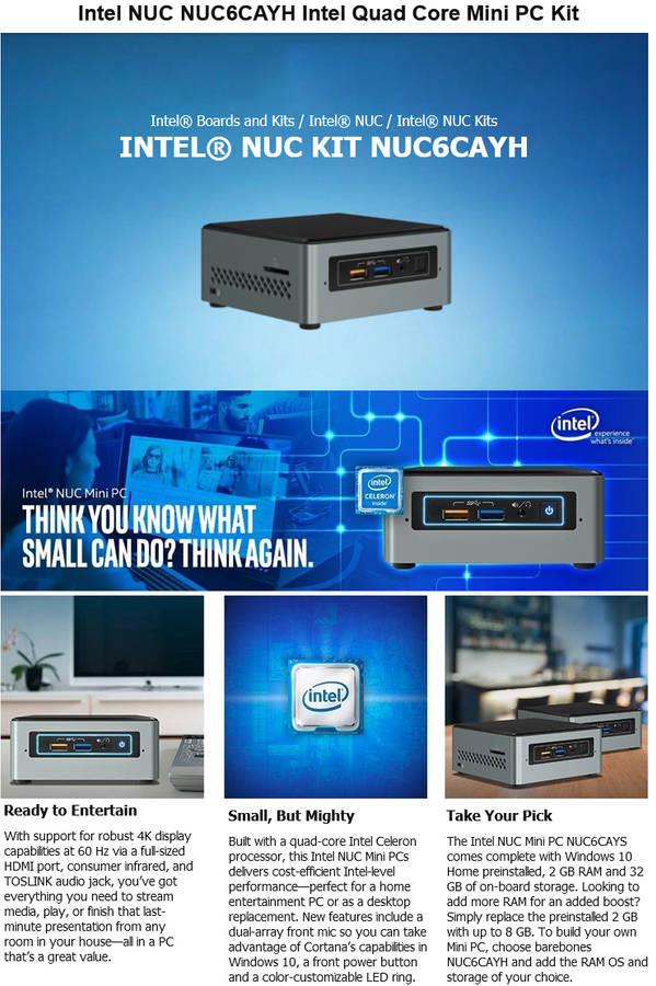Intel NUC Mini-PC NUC6CAYH | Celeron J3455 1.5GHz | 4GB RAM | 250GB SSD DESKTOP PC