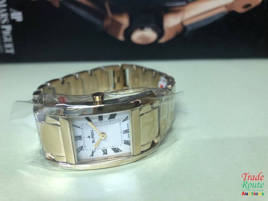 BUREN Gold Plated Ladies Watch - Rectangular Dial / White Face / Roman Markers