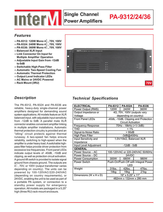 Inter-M PA-9324 Single Channel Heavy-Duty Public Address Power Amplifier Amp 240W