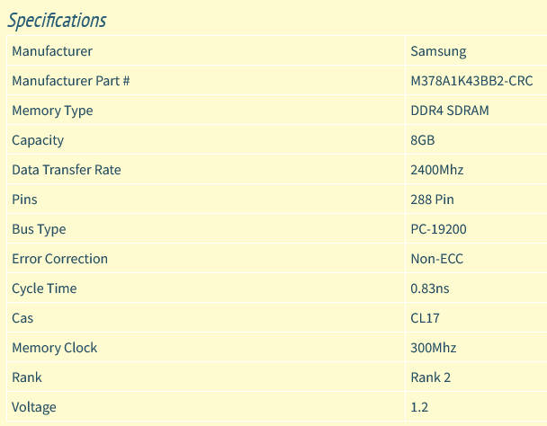 Samsung 8GB DDR4 RAM PC4-19200 2400MHZ 288 Pin Dimm 1.2V Desktop RAM Memory [M378A1K43BB2-CRC]