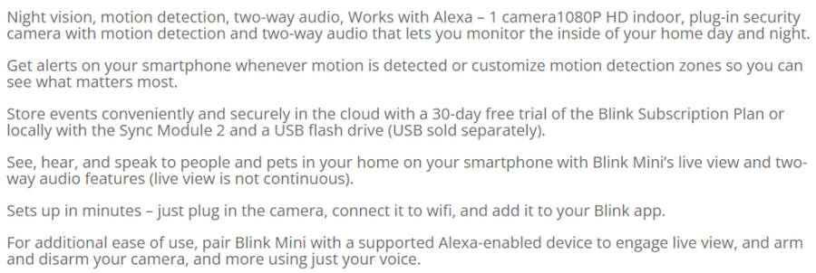 Amazon Blink Mini  Alexa Smart Compact indoor plug-in security camera, HD Video