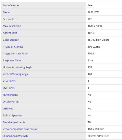 Acer AL2216W 22 Inch Widescreen LCD Monitor [DVI / VGA]