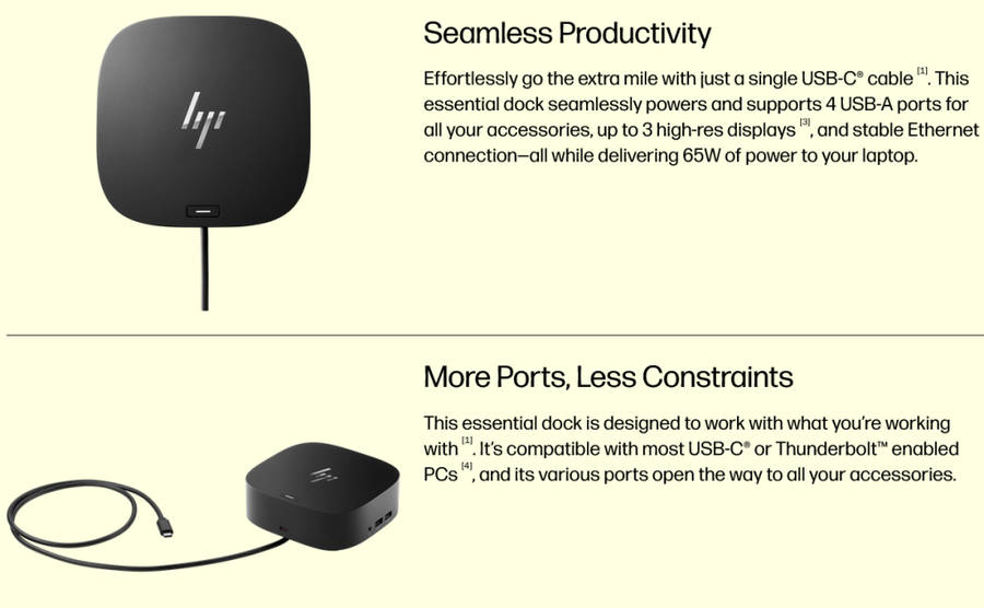 HP USB-C G5 Essential Docking Station 8-in-1 Adapter for USB-C Thunderbolt-Enabled Laptops PCs