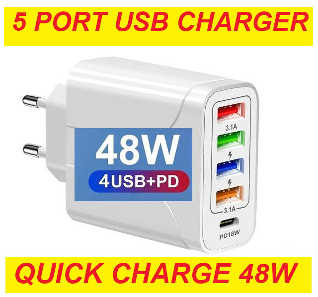 USB C Wall Charger 48W 5 Ports USB Fast Charging USB-C Charger TYPE-C Charger 4xUSB + 1xPD18W