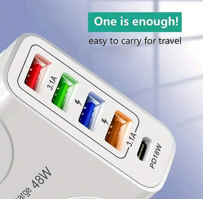 USB C Wall Charger 48W 5 Ports USB Fast Charging USB-C Charger TYPE-C Charger 4xUSB + 1xPD18W