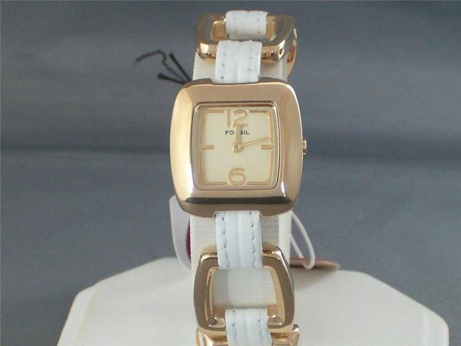 Fossil ES1980 Ladies White Leather Link Bracelet Watch With Gold Dial