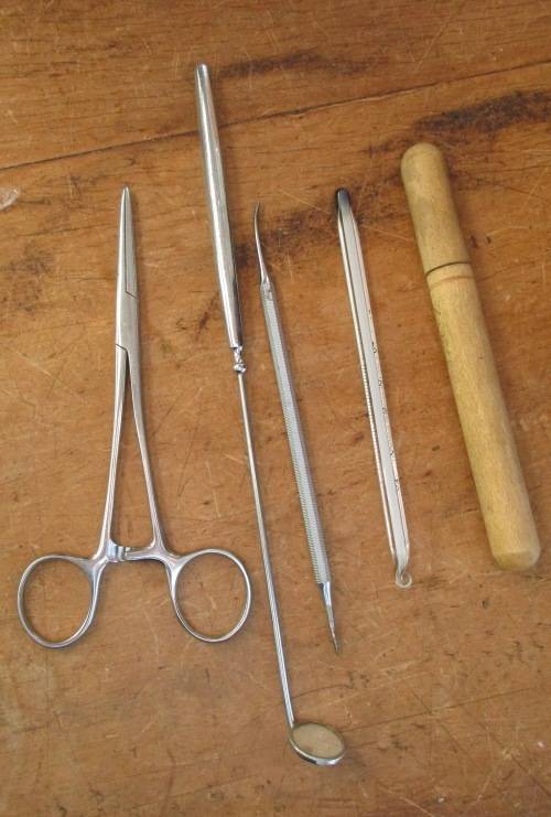 MEDICAL SET - SCISSORS  DENTAL PICK AND MIRROR AND A THERMOMETER