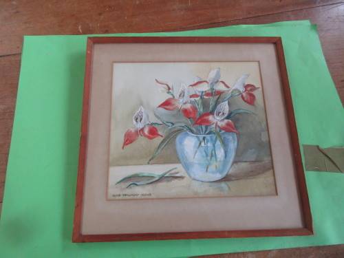 OLIVE CREWE STILL LIFE  RED FLOWERS IN VASE WATERCOLOUR