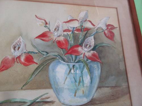 OLIVE CREWE STILL LIFE  RED FLOWERS IN VASE WATERCOLOUR