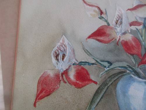 OLIVE CREWE STILL LIFE  RED FLOWERS IN VASE WATERCOLOUR