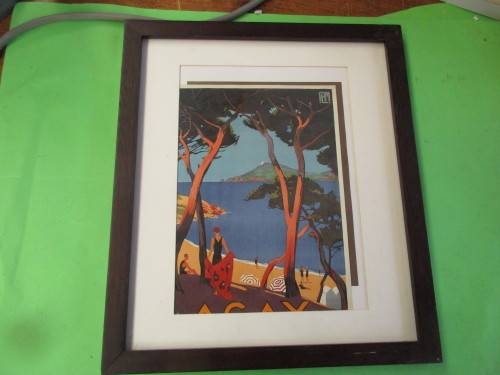 LITHOGRAPH ART DECO WOMAN WITH TOWL AT BEACH