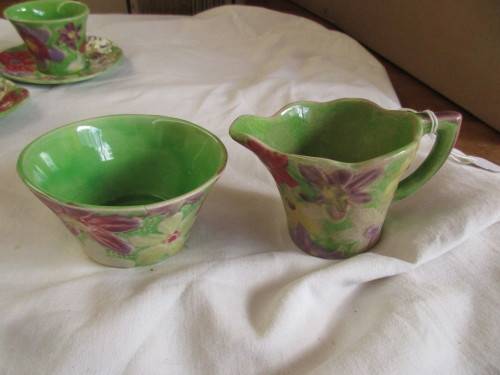 6SHORTER AND SONS 1930'S DEMI TASSE EXPRESSO CUPS AND SAUCERS WITH MILK JUG AND SUGAR BOWL