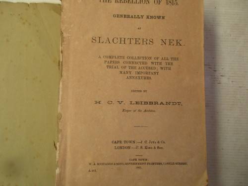 THE REBELLION OF 1815 GENERALLY KNOWN AS SLACHTERS NEK  1902