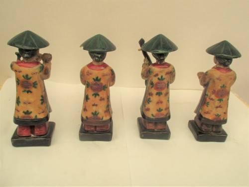 4 CHINESE  HANDPAINTED RESIN MUSICIANS PLAYING FLUTES, GUITARS