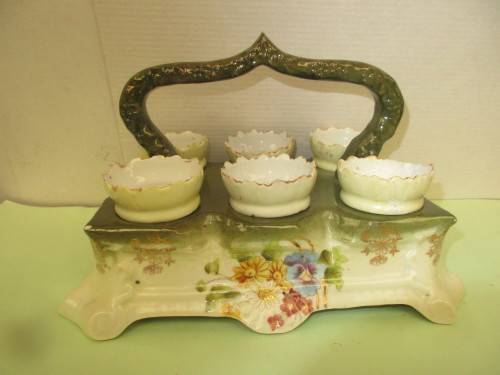 VICTORIAN CERAMIC HANDPAINTED EGG HOLDER SET c 1870`s