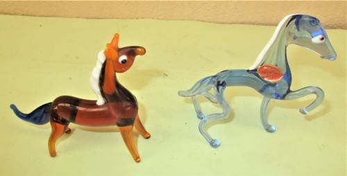 TWO BEAUTIFUL MURANO HORSES ONE B,UE ND THE OTHER BROWN BOTH WITH WHITE MANES