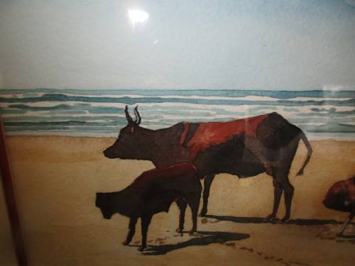 BEAUTIFUL HENNI MEINZ  WATERCOLOUR COWS ON A BEACH