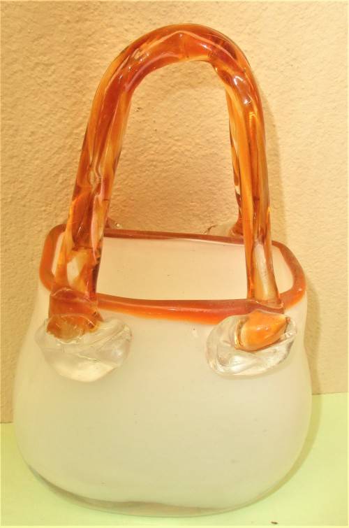 BEAUTIFUL WHITE AND ORANGE GLASS BASKET VASE