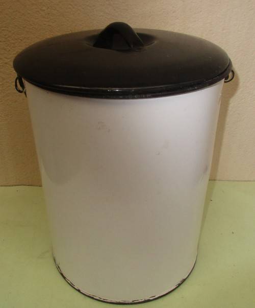 WHITE AND BLACK ENAMEL  BUCKET WITH LID