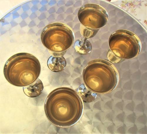 SET OF SIX ELECTRO PLATED SILVER AND GILT GOBLETS
