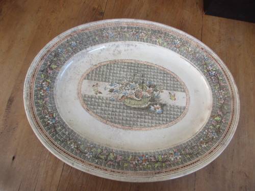 OLD C1920`S OVAL PLATTER TRANSFER PRINT OF BUTTERFLIES AND FOLIAGE.