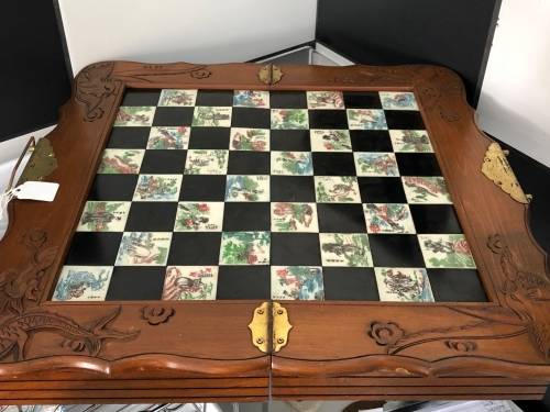 STUNNING CHINESE STONE CHESS SET WITH FOLDABLE BOARD WITH DRAWERS FOR PIECES