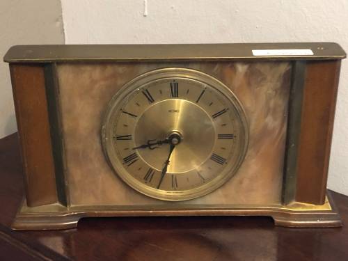 MELAMEC WOOD AND BRASS MANTEL CLOCK