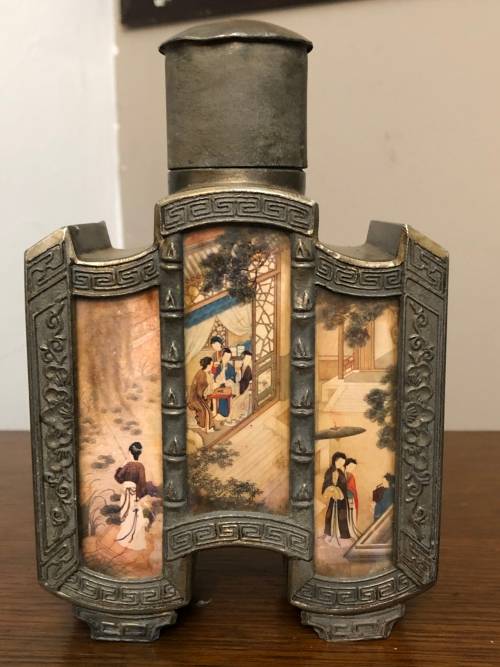 CHINESE PEWTER TEA CADDY WITH HAND PAINTED PANELS (SIGNED)