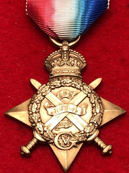 D1) 1914 MONS STAR WITH 5th AUGUST- 22 NOV BAR 9424 PTE B WELCH GORDONS HIGHLANDERS