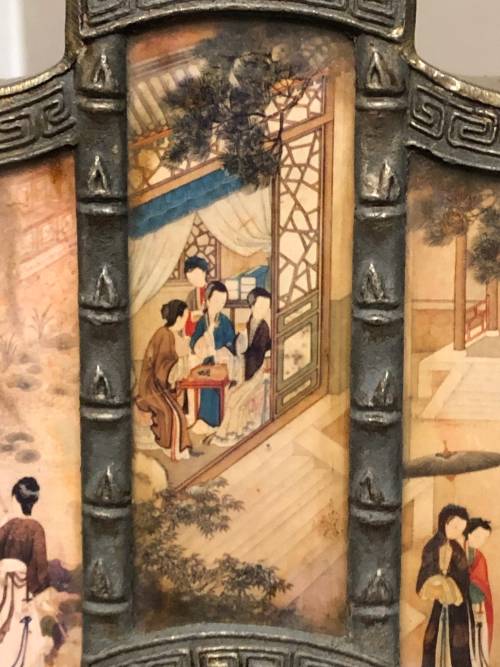 CHINESE PEWTER TEA CADDY WITH HAND PAINTED PANELS (SIGNED)