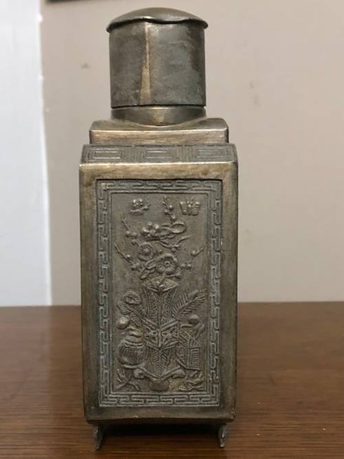 CHINESE PEWTER TEA CADDY WITH HAND PAINTED PANELS (SIGNED)