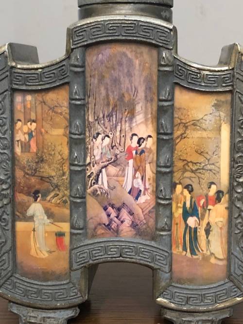 CHINESE PEWTER TEA CADDY WITH HAND PAINTED PANELS (SIGNED)