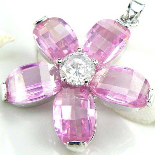 STUNNING PINK & WHITE TOPAZ QUARTZ FLOWER PENDANT IN 925 STERLING SILVER