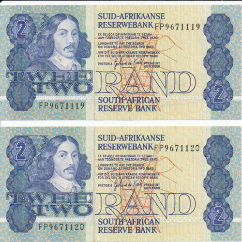UNC Two In Sequence 1983/89 Two Rand Banknotes - G.P.C De Kock